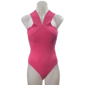 Forever 21 Women's Pink Sleeveless Halter Ribbed Knit Bodysuit Tank Top Size M